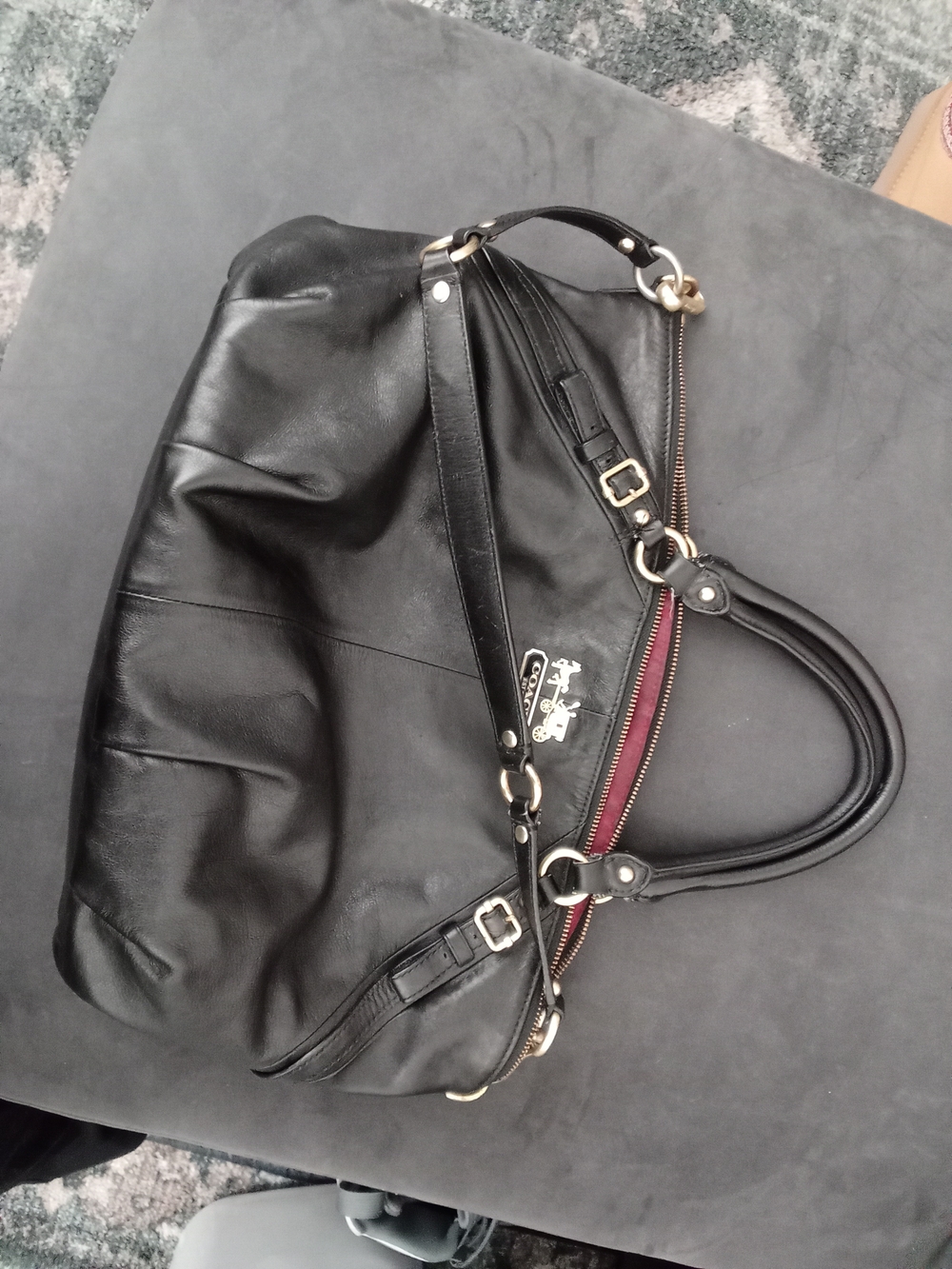 Coach Black Leather Satchel with Burgundy Zip and Gold Hardware